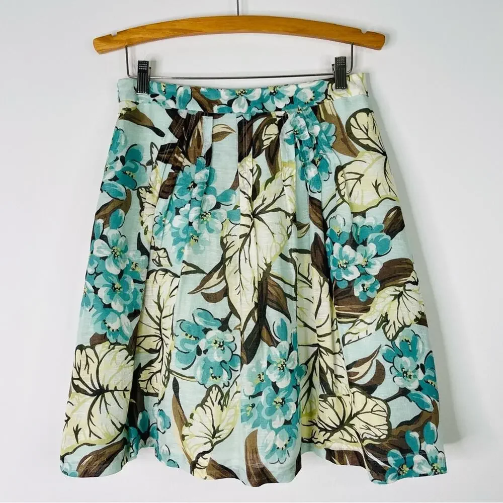 Loft blue brown floral linen silk pleated preppy office midi skirt 4